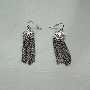 Motorcycle Silver Geometric Dangle Earrings 2 inch tassels